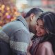 Happy couple embracing near Christmas lights.