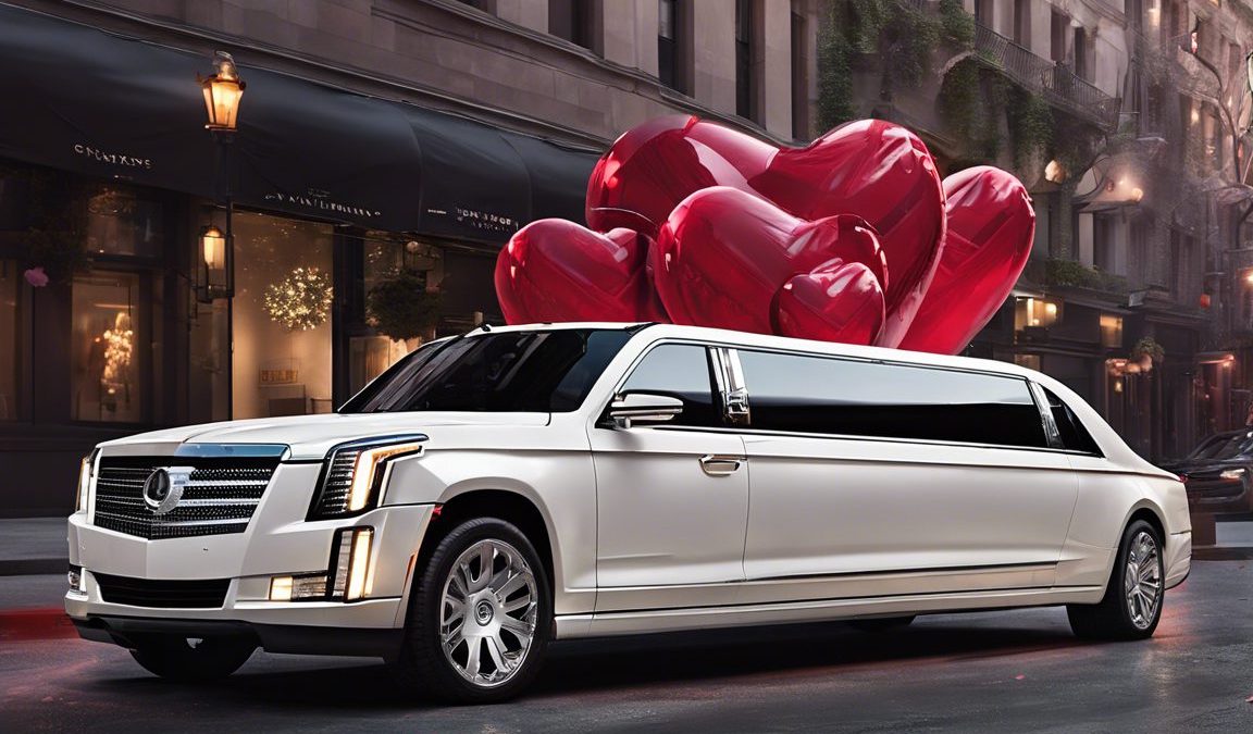 White Cadillac limousine with red heart balloons on top, perfect for a 2024 Valentine's Day date from Bergen Limo.