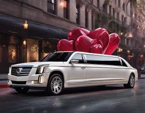 White Cadillac limousine with red heart balloons on top, perfect for a 2024 Valentine's Day date from Bergen Limo.