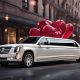 White Cadillac limousine with red heart balloons on top, perfect for a 2024 Valentine's Day date from Bergen Limo.