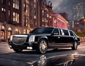 Black limousine parked on city street at night. Perfect for a romantic Valentine's Day date with Bergen Limo.