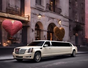 Luxury white limousine parked on city street with large Valentine's Day hearts. Perfect for a romantic 2024 Valentine's Day date from Bergen Limo.