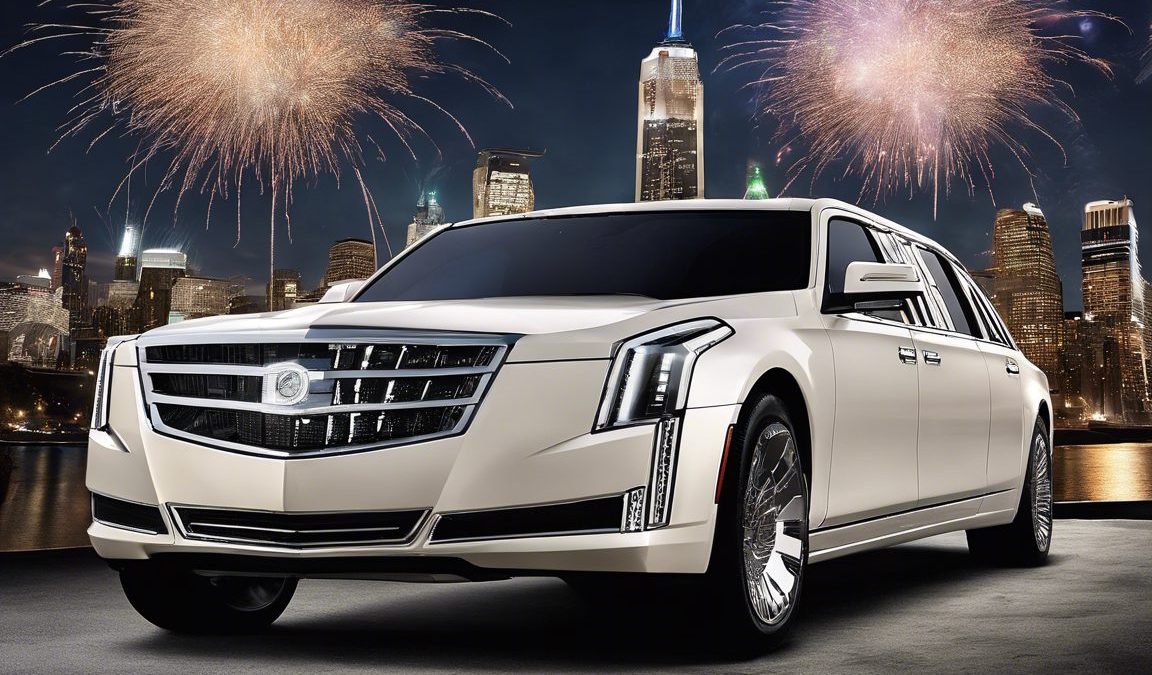 Luxury Cadillac limousine at night, New Year's Eve fireworks backdrop. Bergen Limo.