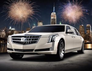 Luxury Cadillac limousine at night, New Year's Eve fireworks backdrop. Bergen Limo.