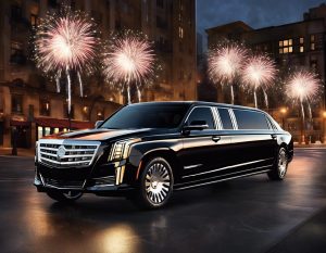 Black Cadillac Escalade limousine at night with fireworks. Perfect for New Year's Eve celebrations!