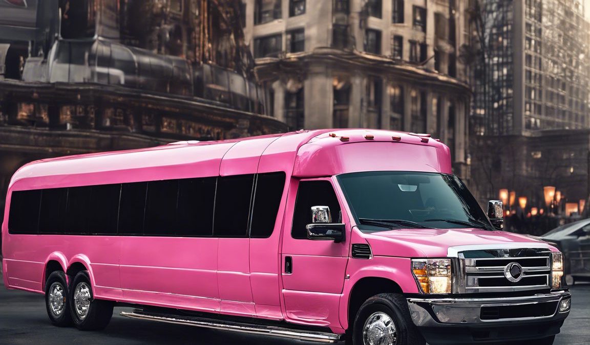 Pink party bus on city street. Perfect for Valentine's Day celebrations. Book your BergenLimo party bus today!