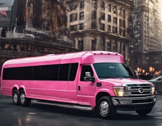 Pink party bus on city street. Perfect for Valentine's Day celebrations. Book your BergenLimo party bus today!