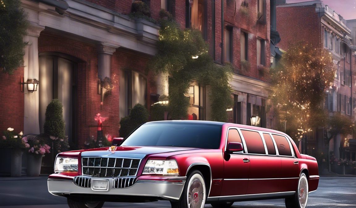 Red limousine parked on a city street at night. Perfect for a romantic Valentine's Day experience.
