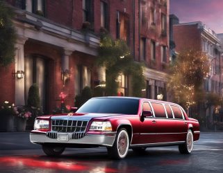 Red limousine parked on a city street at night. Perfect for a romantic Valentine's Day experience.
