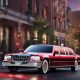 Red limousine parked on a city street at night. Perfect for a romantic Valentine's Day experience.