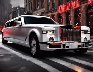 Luxury white limousine on city street, perfect for a romantic Valentine's Day.