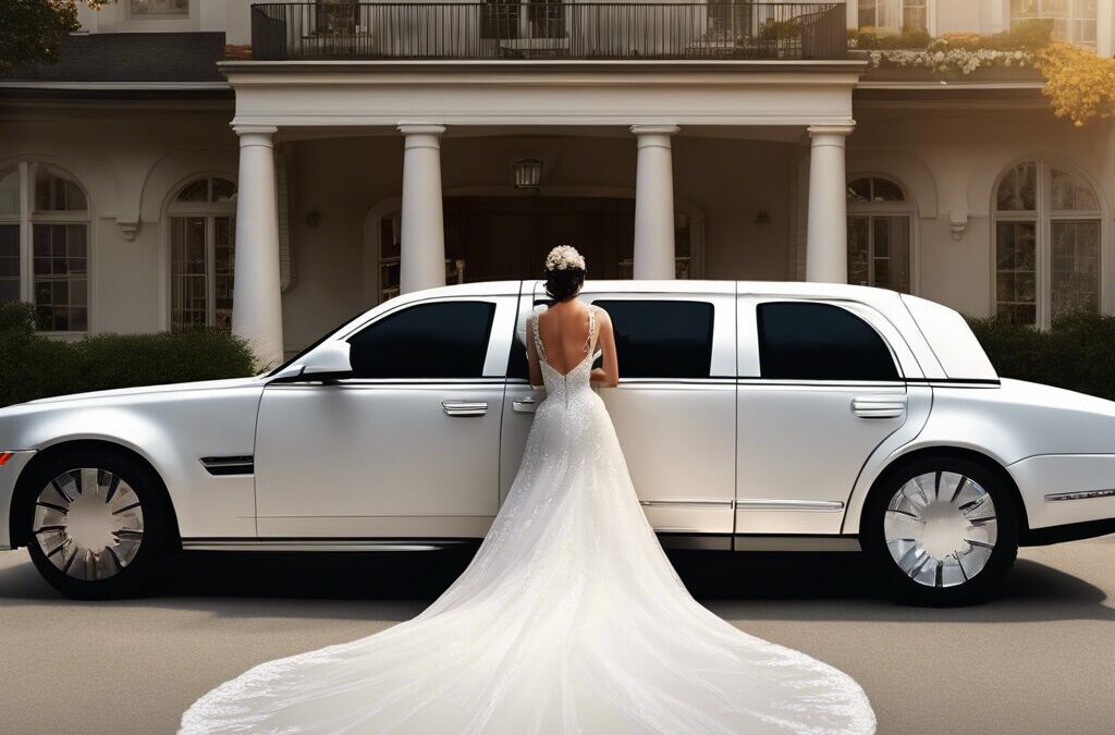 Bride in wedding gown standing by a white limousine outside a mansion. Wedding planning.