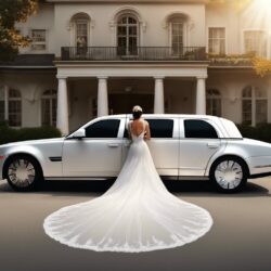 Bride in wedding gown standing by a white limousine outside a mansion. Wedding planning.