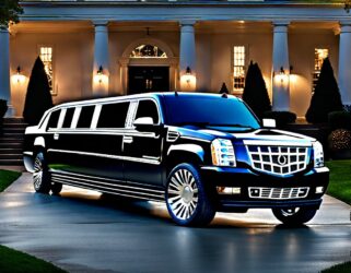 Black Cadillac Escalade limousine parked in front of a mansion. Perfect for prom night!