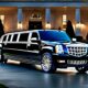 Black Cadillac Escalade limousine parked in front of a mansion. Perfect for prom night!