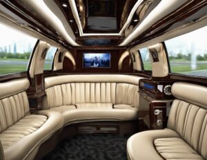 Luxurious interior of a Bergen limo, featuring plush seating and a flat-screen TV.