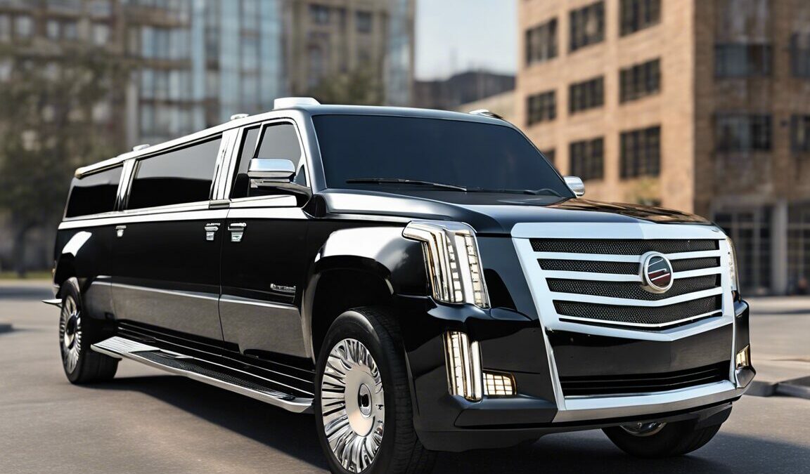 Black Cadillac Escalade limousine on city street. Luxury car service.