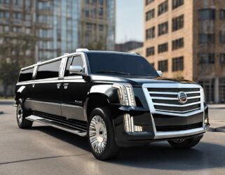 Black Cadillac Escalade limousine on city street. Luxury car service.