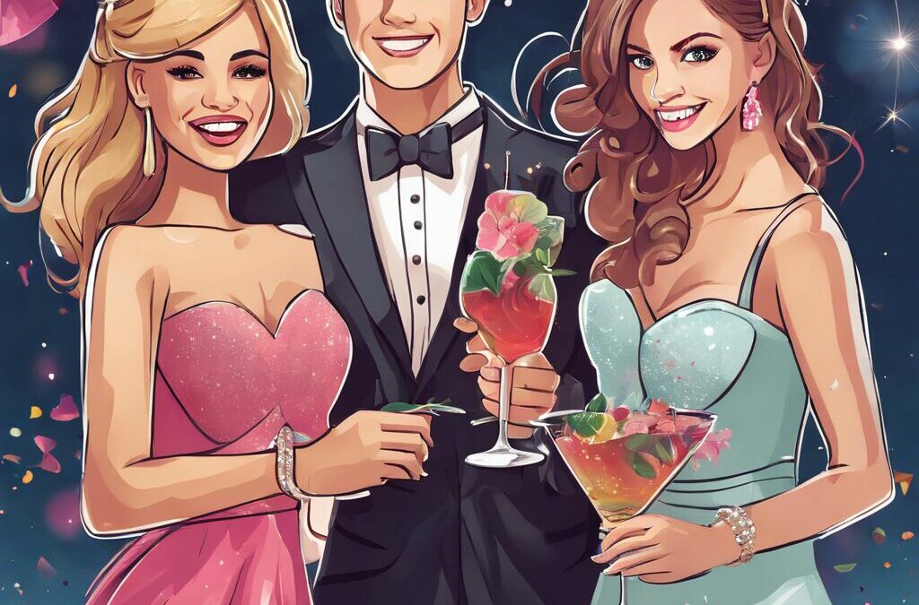 Three prom-goers—two girls and a boy—celebrate with cocktails.
