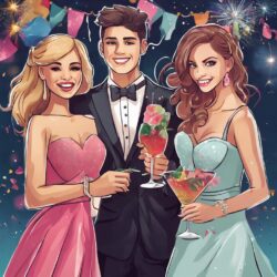 Three prom-goers—two girls and a boy—celebrate with cocktails.