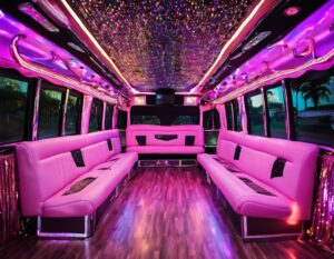 Luxurious pink party bus interior perfect for a Quinceanera celebration.