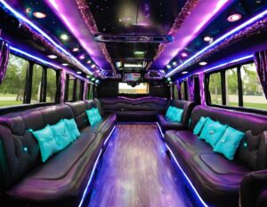 Luxurious party bus interior with purple lighting, perfect for a Quinceañera celebration.
