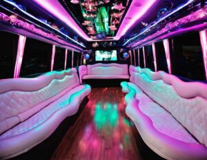 Luxury party bus interior with pink and purple lighting, perfect for a Quinceañera. White leather seating.