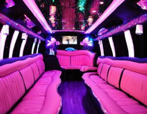 Luxurious pink limo interior with neon lights for a sweet sixteen party