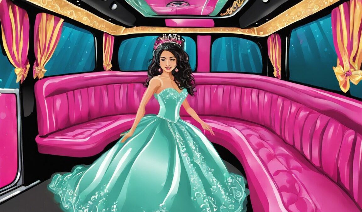 Beautiful Quinceañera in teal gown, tiara, riding in pink limo. BergenLimo.com