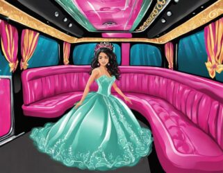 Beautiful Quinceañera in teal gown, tiara, riding in pink limo. BergenLimo.com