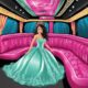 Beautiful Quinceañera in teal gown, tiara, riding in pink limo. BergenLimo.com