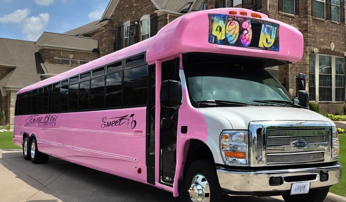 Pink Sweet 16 party bus in New Jersey. Bergen Limo.