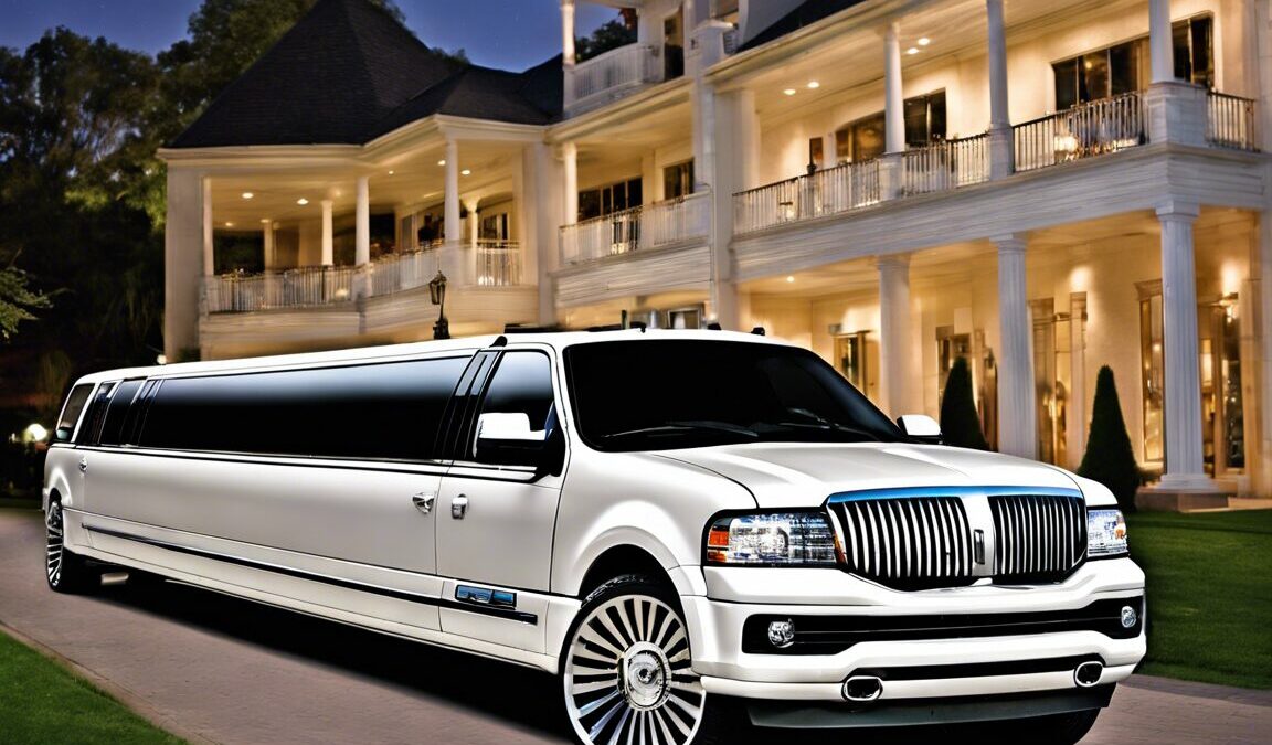 White Lincoln Navigator limousine parked in front of a mansion. Perfect for a Quinceañera celebration!