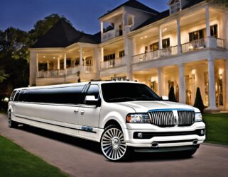 White Lincoln Navigator limousine parked in front of a mansion. Perfect for a Quinceañera celebration!