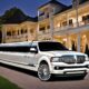 White Lincoln Navigator limousine parked in front of a mansion. Perfect for a Quinceañera celebration!