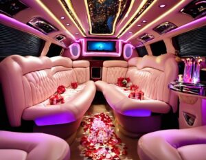 Luxurious pink limousine interior decorated for a birthday celebration. Perfect for an unforgettable 2024 birthday with bergenlimo.com.