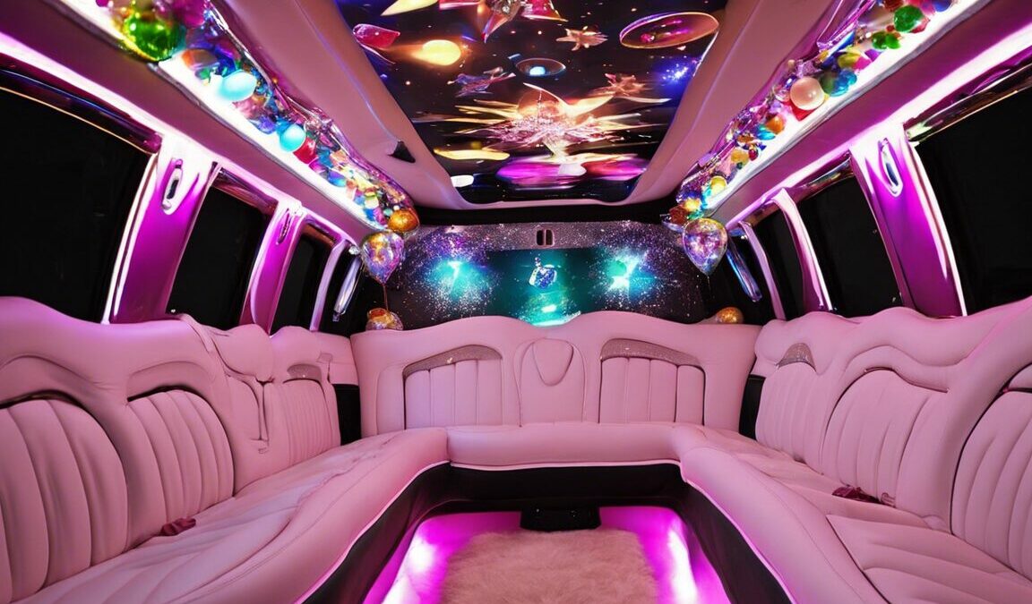Pink party limo interior with colorful ceiling and LED lighting. Perfect for an unforgettable 2024 birthday celebration with bergenlimo.com.