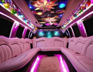 Pink party limo interior with colorful ceiling and LED lighting. Perfect for an unforgettable 2024 birthday celebration with bergenlimo.com.