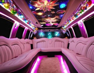 Pink party limo interior with colorful ceiling and LED lighting. Perfect for an unforgettable 2024 birthday celebration with bergenlimo.com.
