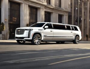 Luxury white Cadillac Escalade limousine parked on city street. Perfect for unforgettable birthday celebrations with bergenlimo.com.