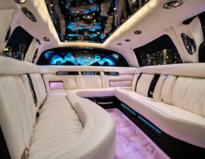 Luxurious white leather interior of a Bergen limo, perfect for a wedding.