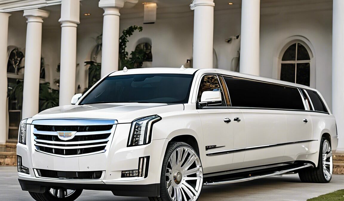 White Cadillac Escalade limousine parked in front of a mansion. Perfect for a Bergen Limo wedding.