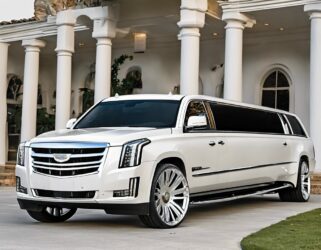 White Cadillac Escalade limousine parked in front of a mansion. Perfect for a Bergen Limo wedding.