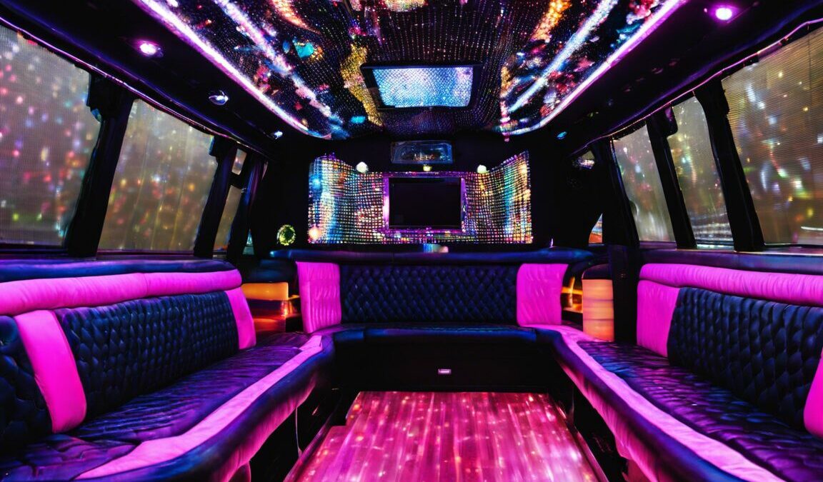 Luxurious party bus interior with pink and black leather seating, colorful LED lighting, and a flat-screen TV. Perfect for NJ nightlife!