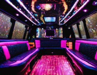 Luxurious party bus interior with pink and black leather seating, colorful LED lighting, and a flat-screen TV. Perfect for NJ nightlife!
