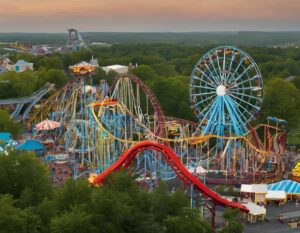 Aerial view of a Pennsylvania amusement park with roller coasters and Ferris wheel. Perfect for a luxurious limousine tour!