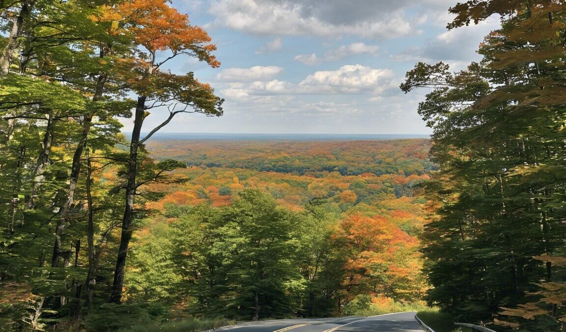 Scenic autumn road winding through colorful New Jersey forest.