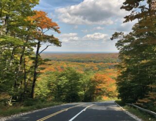 Scenic autumn road winding through colorful New Jersey forest.
