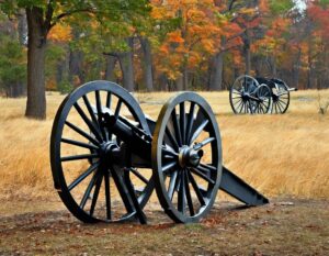 Two antique cannons sit in a field, autumn leaves in the background.