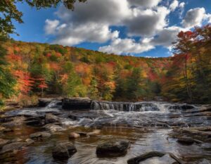 Autumn waterfall in Pennsylvania, surrounded by colorful fall foliage. Perfect for a luxurious limousine tour.
